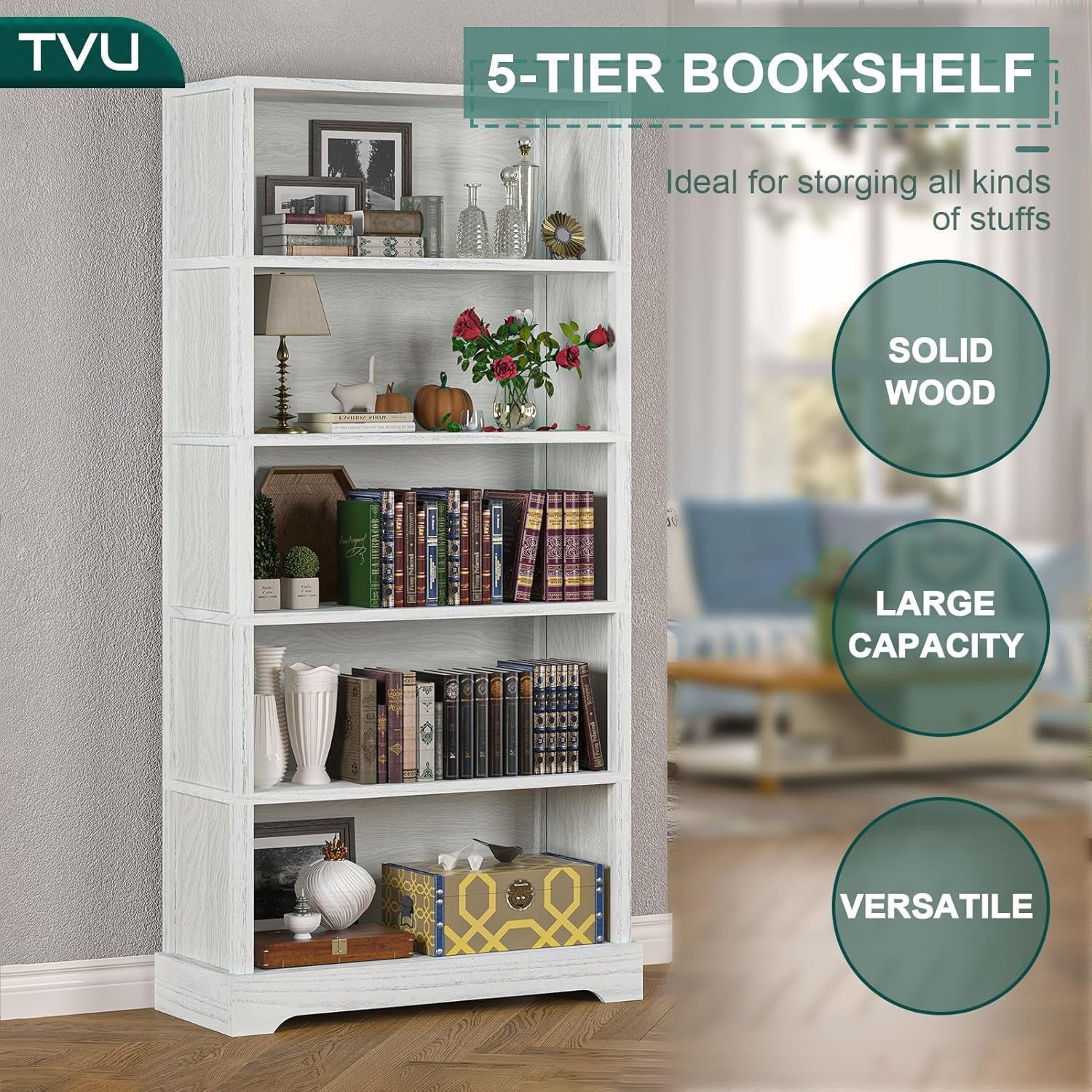 65 Inch Tall Wood Bookcase With Five Shelves Floor Standing