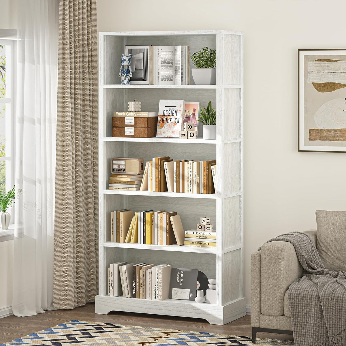 65 Inch Tall Wood Bookcase With Five Shelves Floor Standing