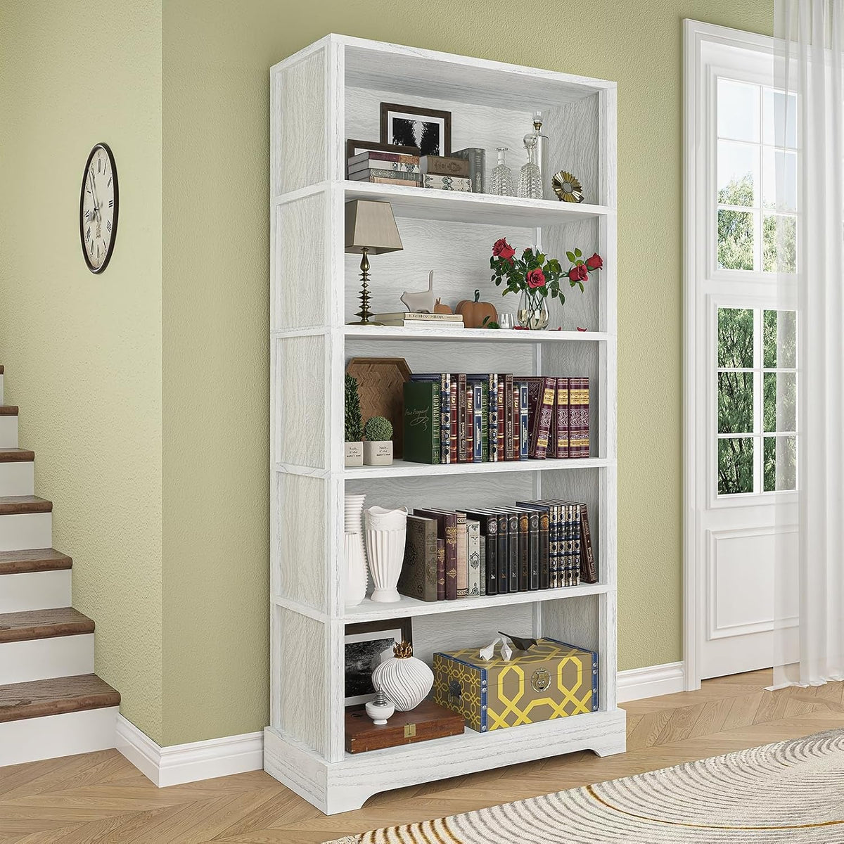 65 Inch Tall Wood Bookcase With Five Shelves Floor Standing