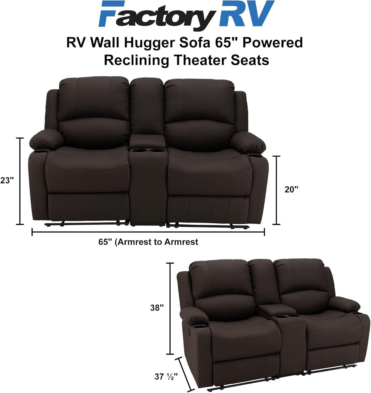 65 Inch Wall Hugger RV Recliner Sofa With Console Chocolate