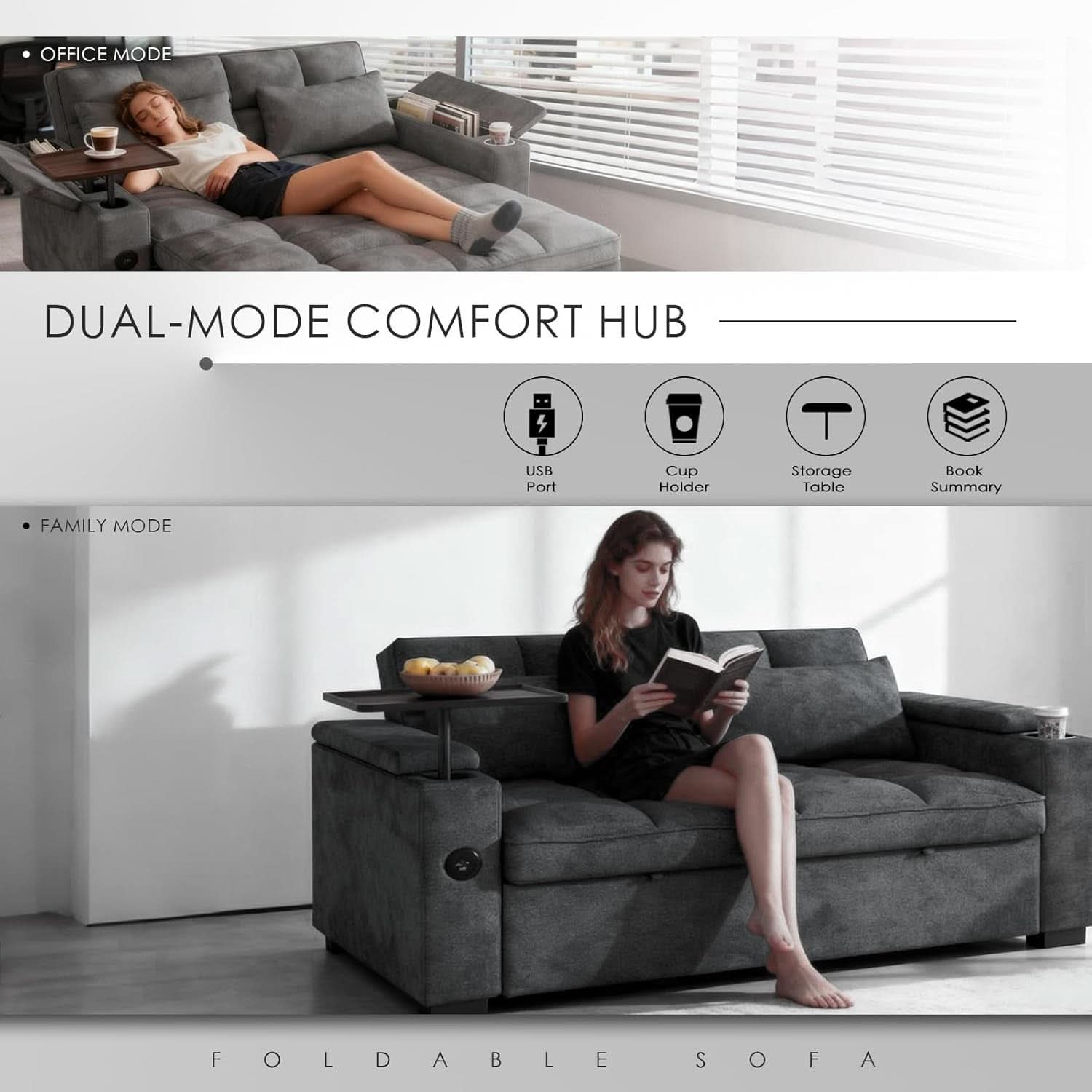 65Inch Grey Chenille Convertible Sleeper Sofa Table