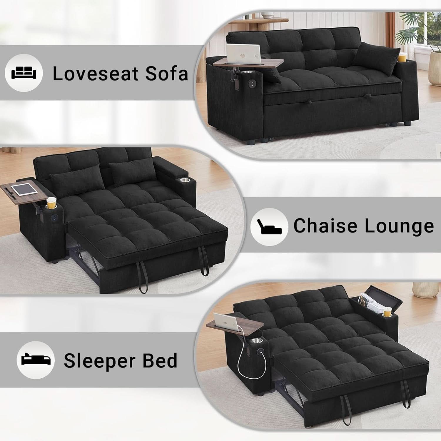 65Inches Transformable Sleeper Sofa Bed Black USBPort