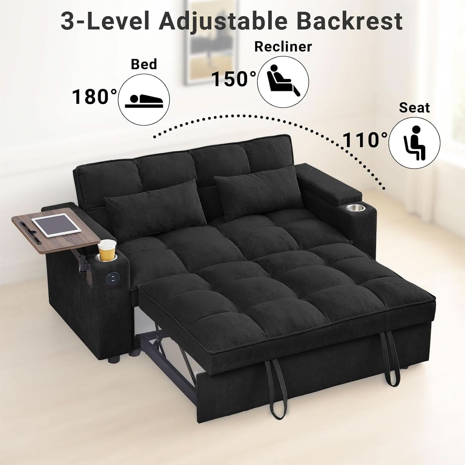 65Inches Transformable Sleeper Sofa Bed Black USBPort