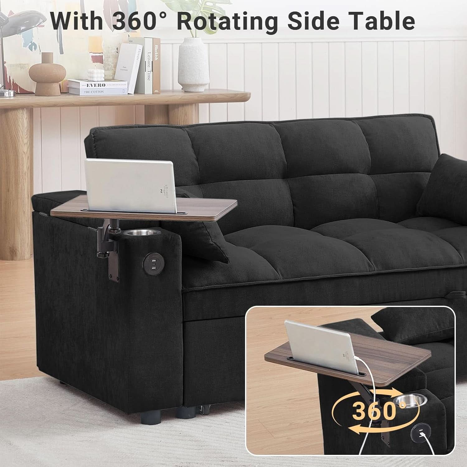 65Inches Transformable Sleeper Sofa Bed Black USBPort