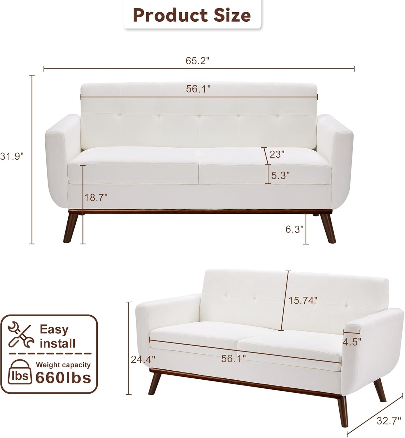 65.2 Inch Wide White Button Tufted Upholstered Loveseat