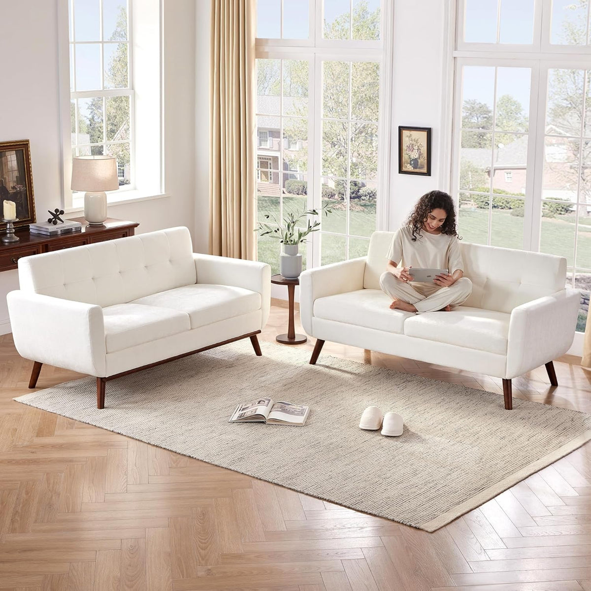 65.2 Inch Wide White Button Tufted Upholstered Loveseat