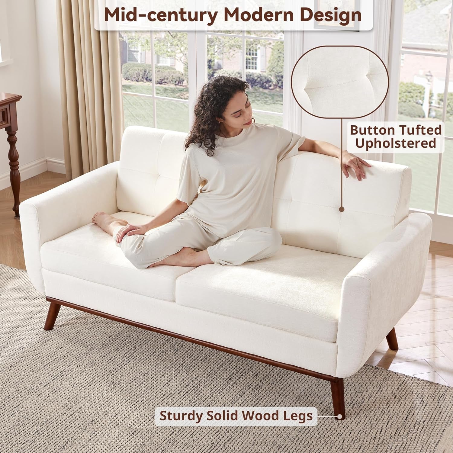 65.2 Inch Wide White Button Tufted Upholstered Loveseat
