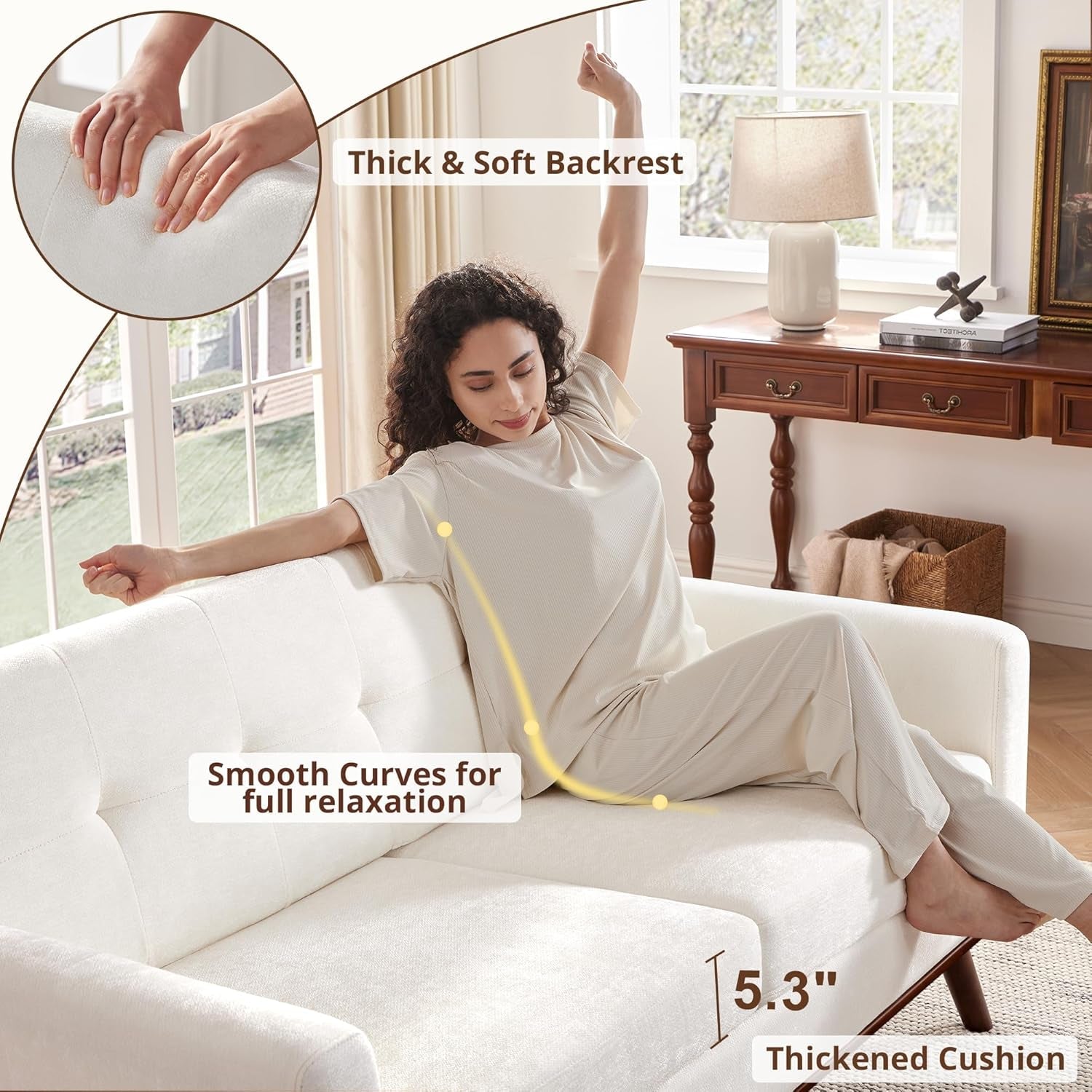65.2 Inch Wide White Button Tufted Upholstered Loveseat