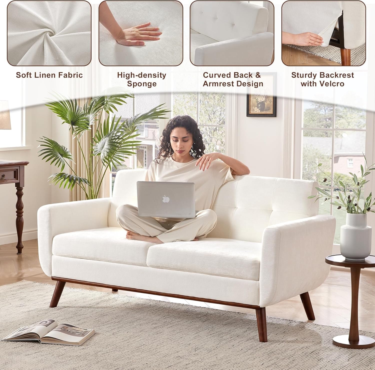 65.2 Inch Wide White Button Tufted Upholstered Loveseat