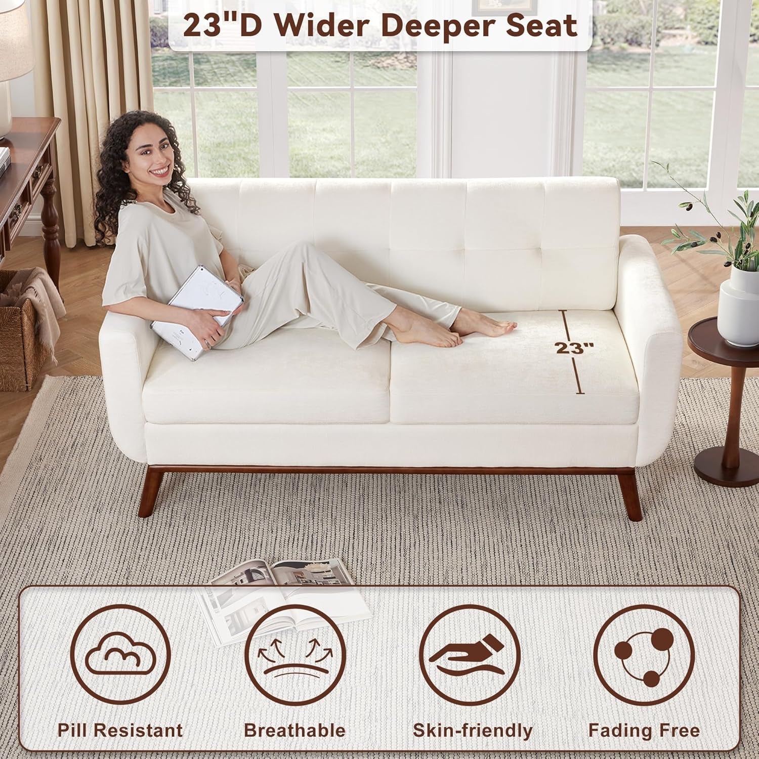 65.2 Inch Wide White Button Tufted Upholstered Loveseat