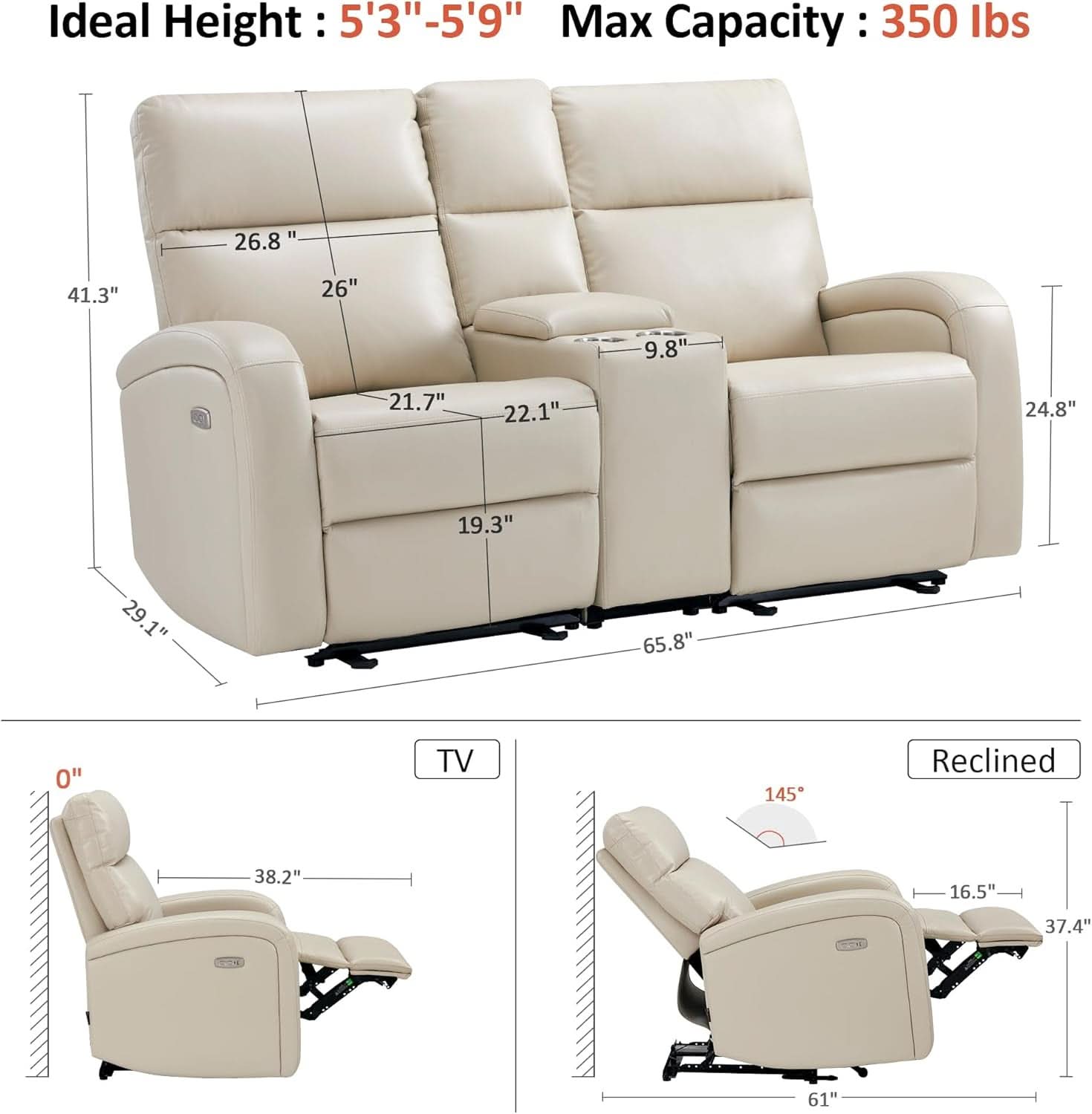 65.7-Inch Zero Wall Recliner Loveseat With Console