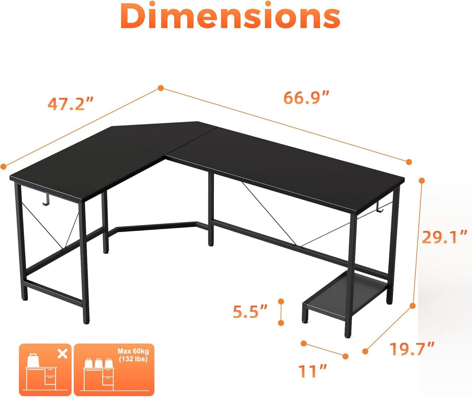 66 Inch Black L Shaped Corner Computer Desk CPU Stand