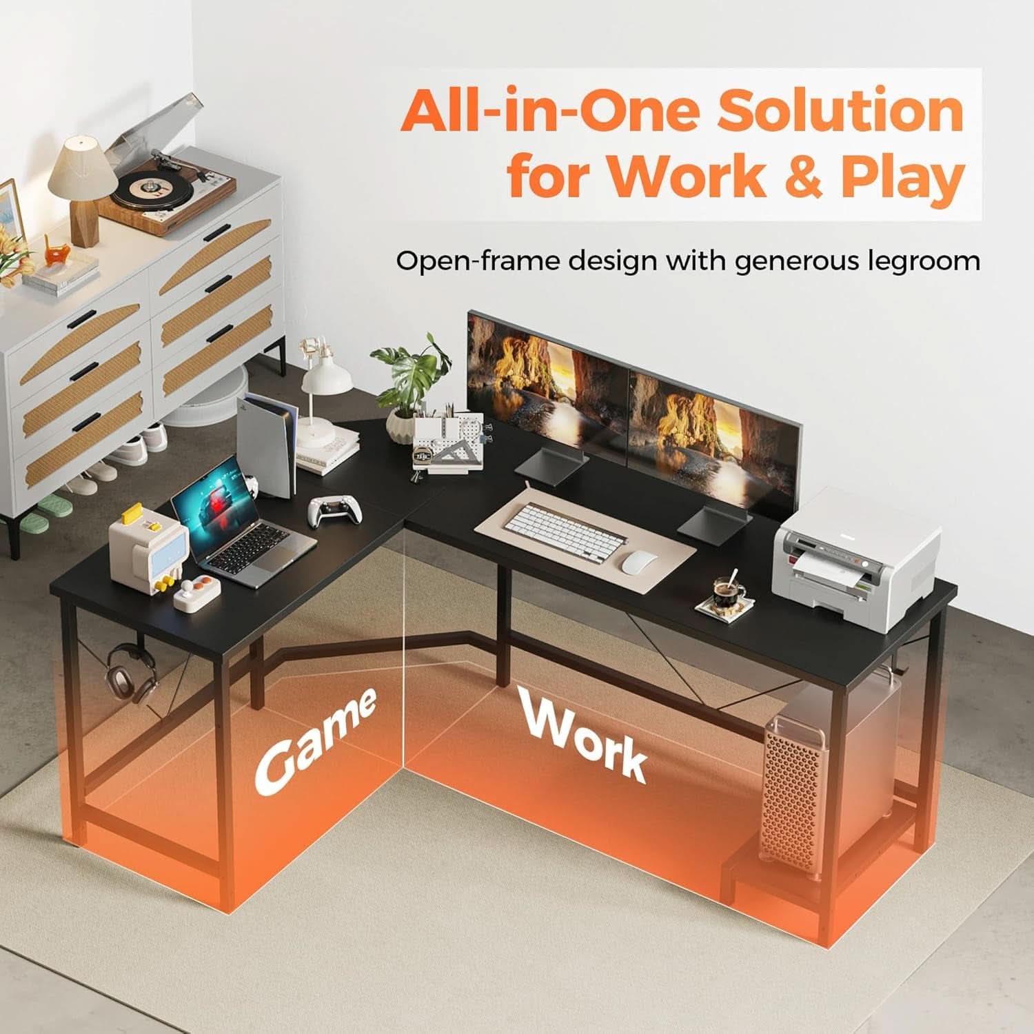 66 Inch Black L Shaped Corner Computer Desk CPU Stand