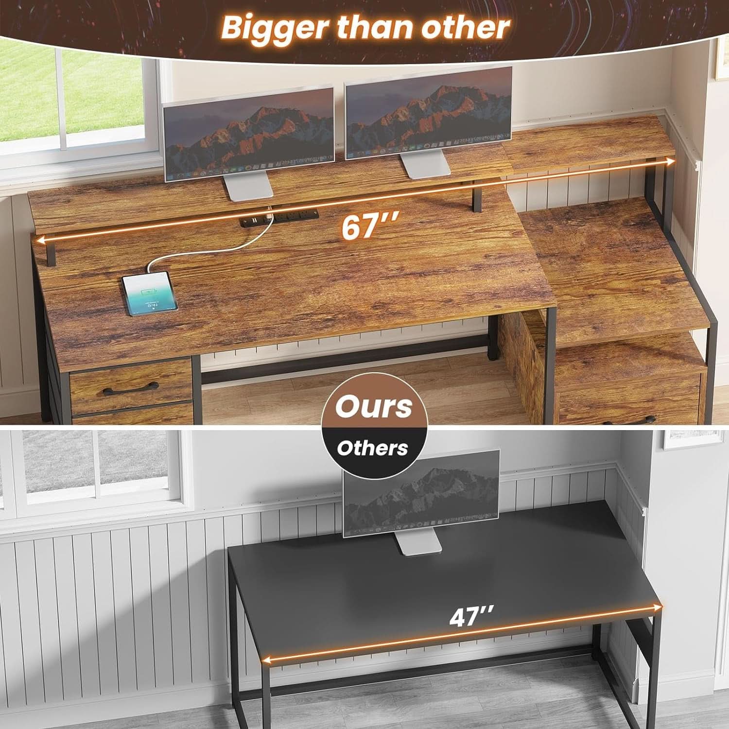 66 Inch Home Office Desk Rustic Brown Durable Construction