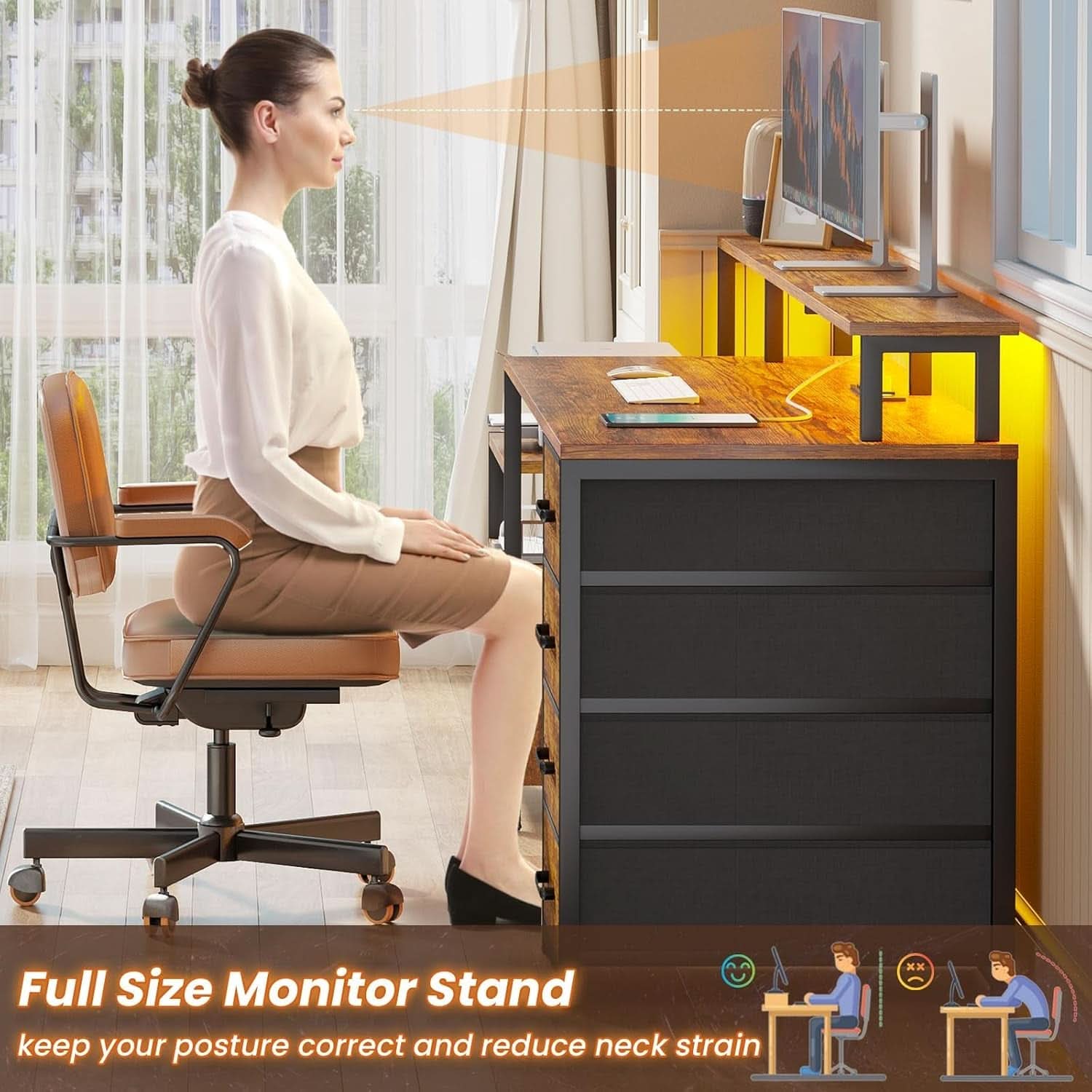 66 Inch Home Office Desk Rustic Brown Durable Construction