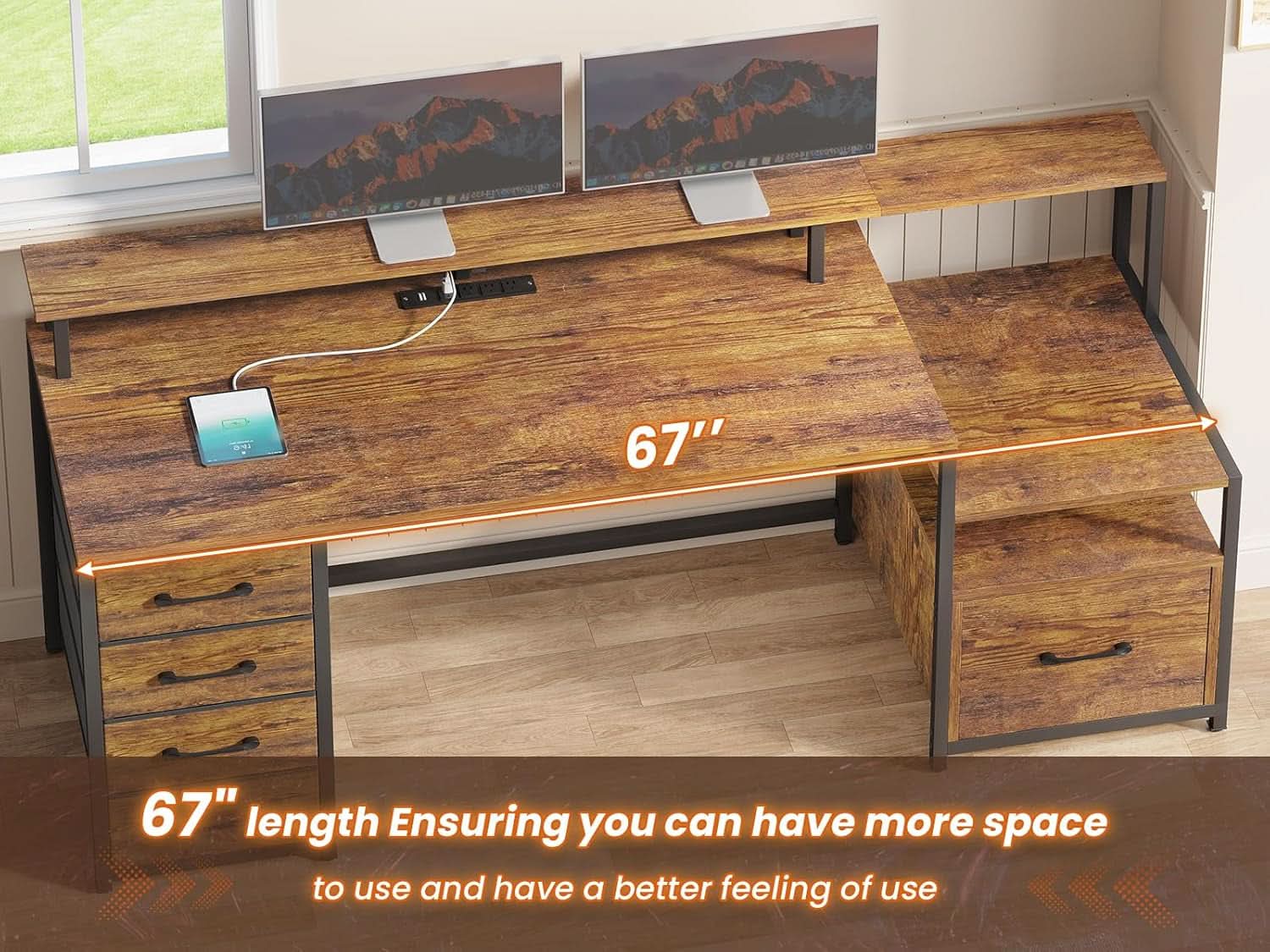 66 Inch Home Office Desk Rustic Brown Durable Construction