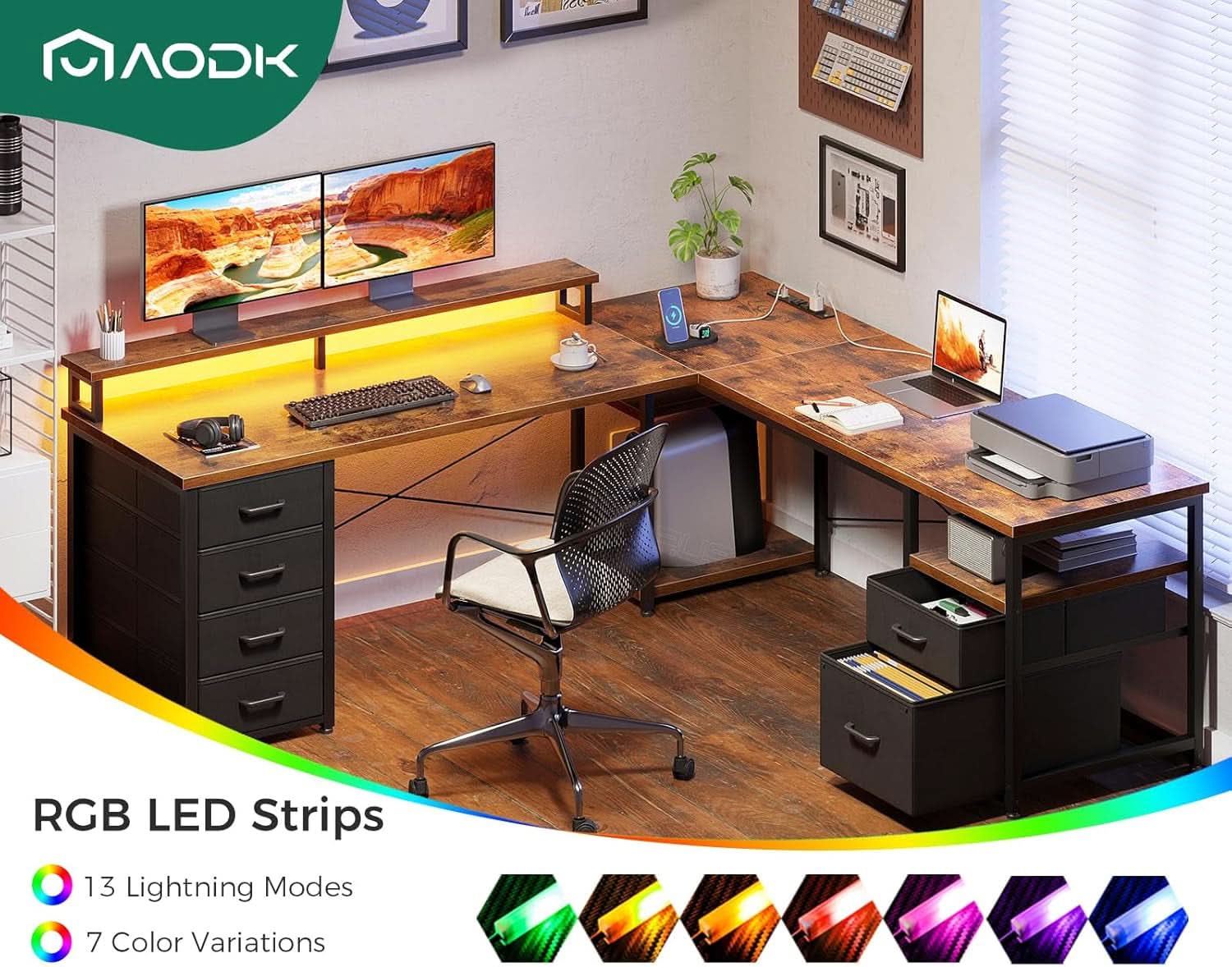 66 Inch L Shaped Desk With LED Lights And Power Outlet