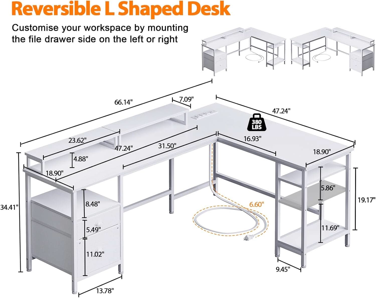 66 Inch L Shaped Desk With Power Outlet And White Finish File Drawer