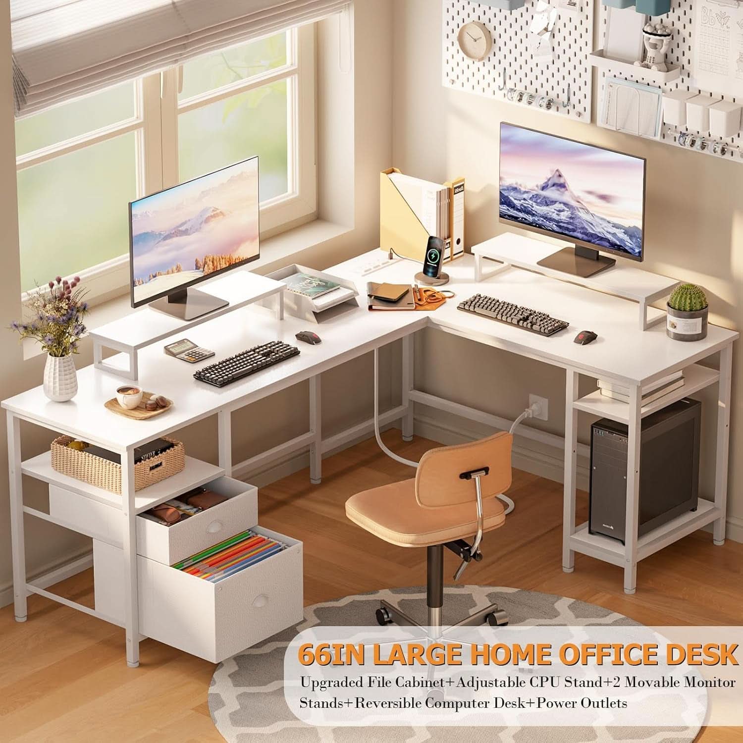 66 Inch L Shaped Desk With Power Outlet And White Finish File Drawer