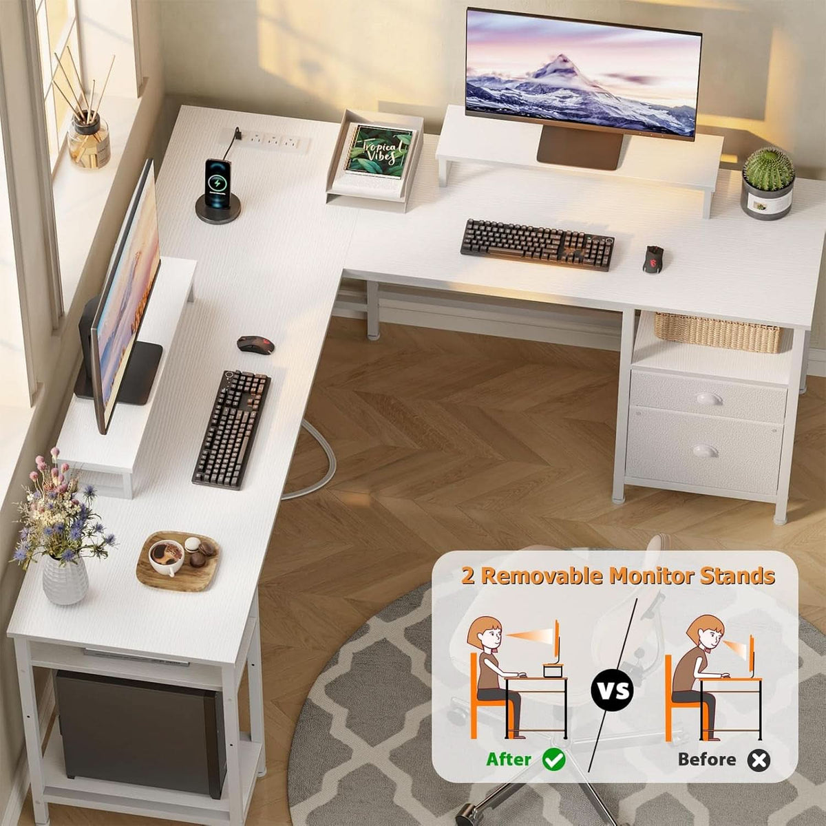66 Inch L Shaped Desk With Power Outlet And White Finish File Drawer