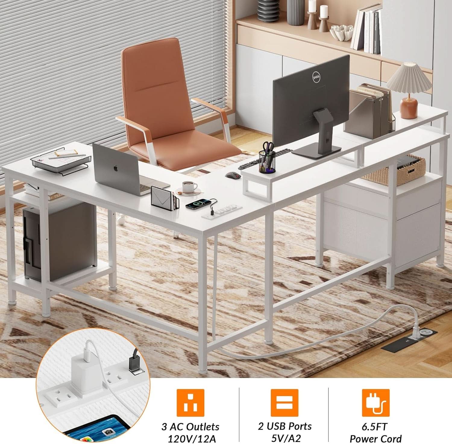 66 Inch L Shaped Desk With Power Outlet And White Finish File Drawer