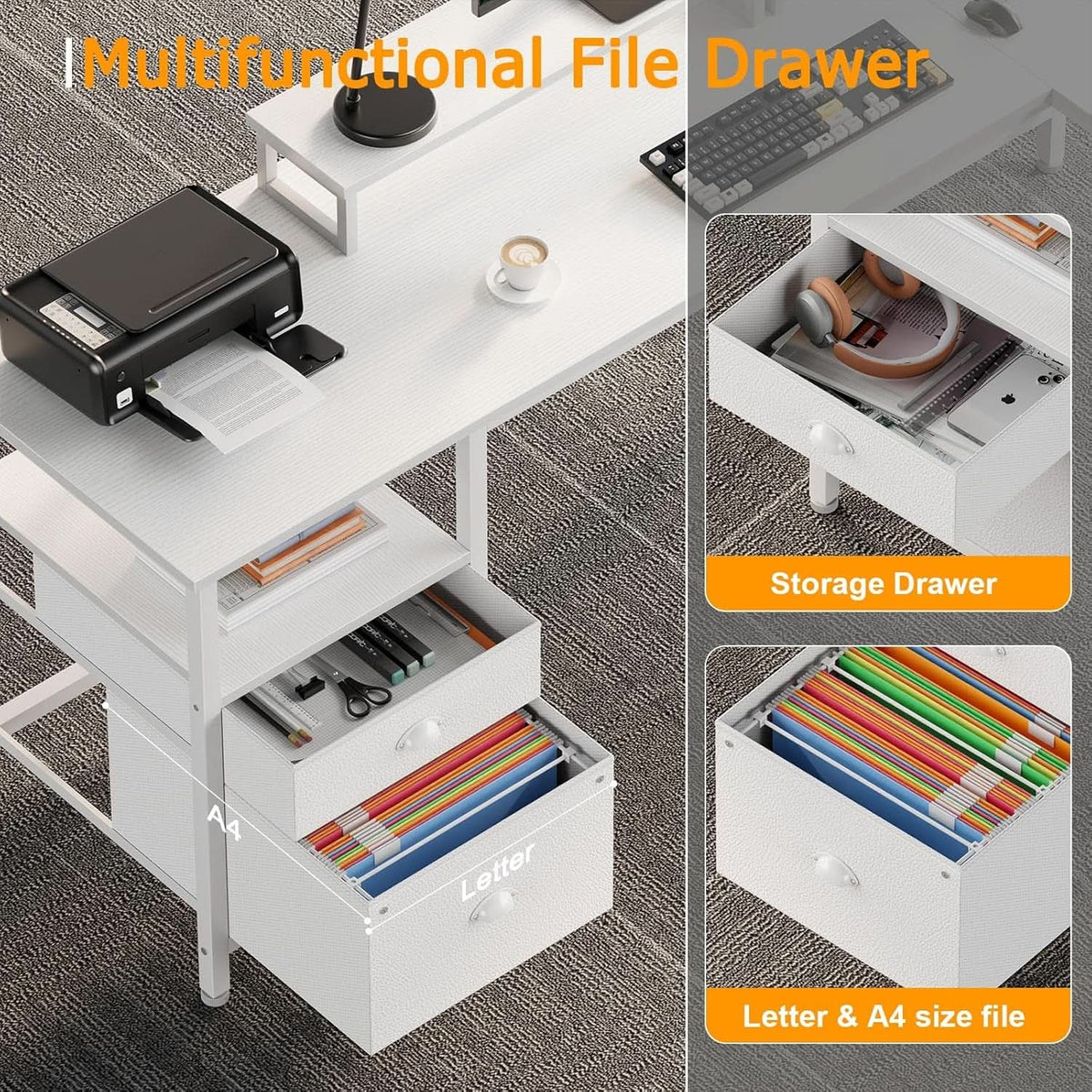 66 Inch L Shaped Desk With Power Outlet And White Finish File Drawer
