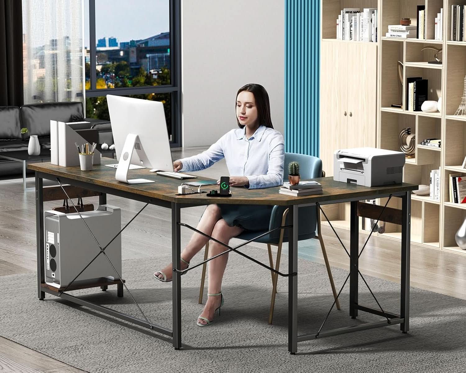 66 Inch L Shaped Gaming Desk With USB Ports CPU Stand