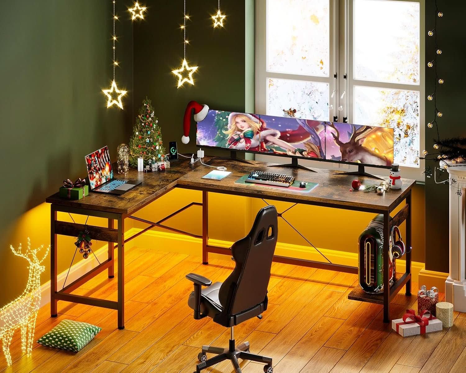 66 Inch L Shaped Gaming Desk With USB Ports CPU Stand