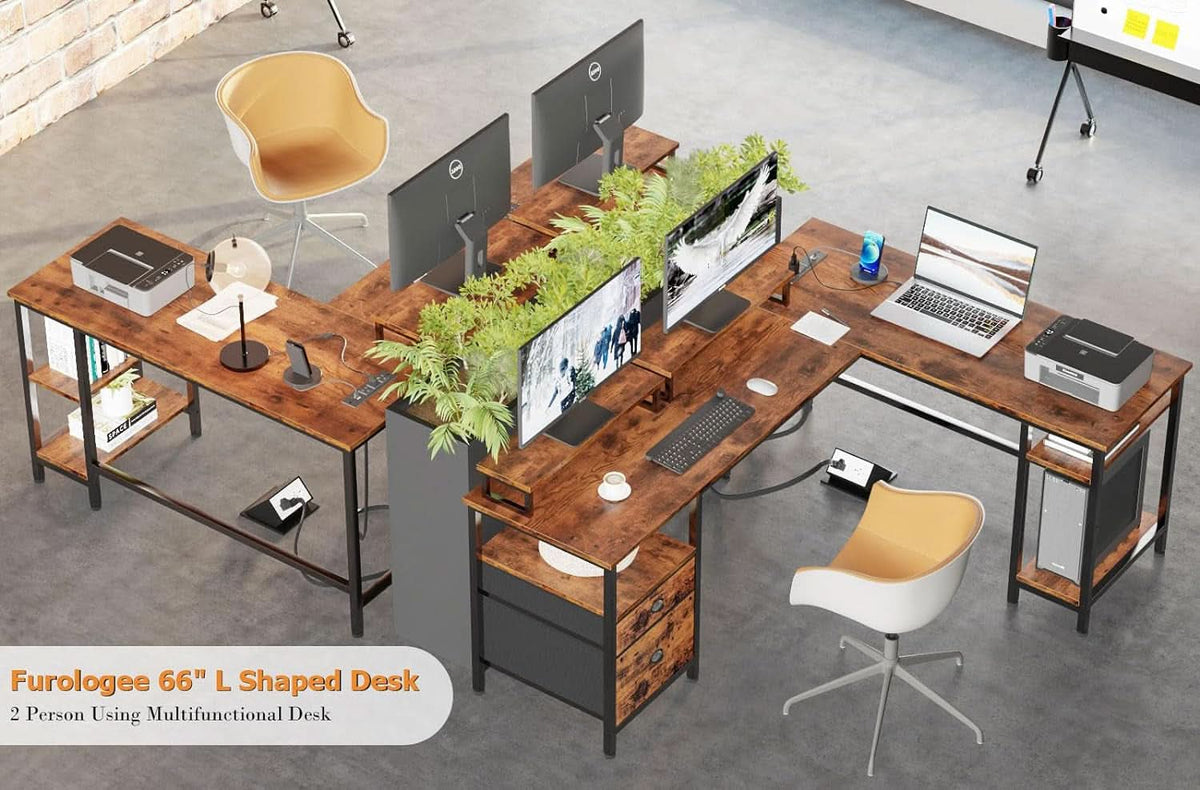66 Inch Rustic Brown L Shaped Desk With Power Outlet