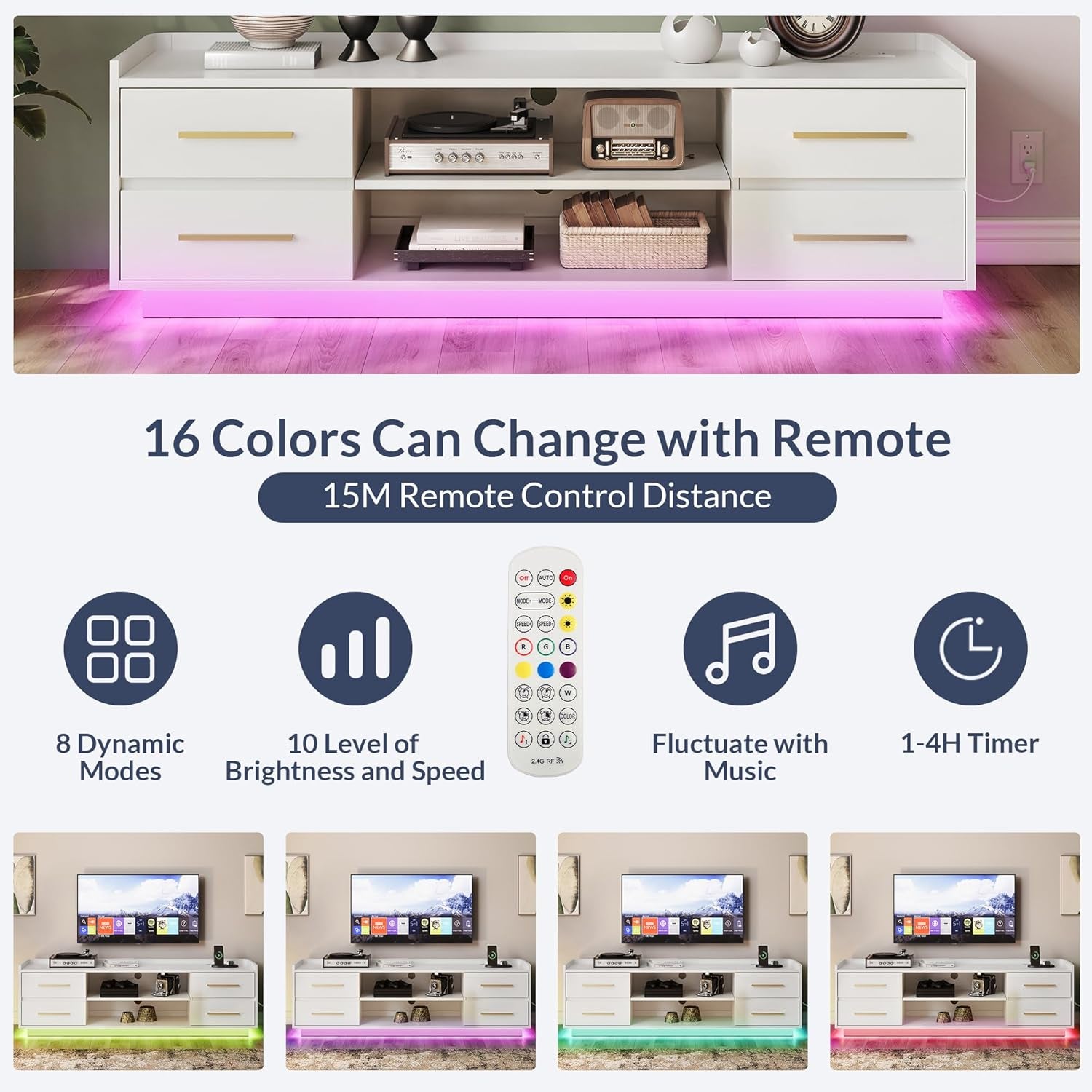 66 Inch TV Stand With Led Lighting For Living Room Storage