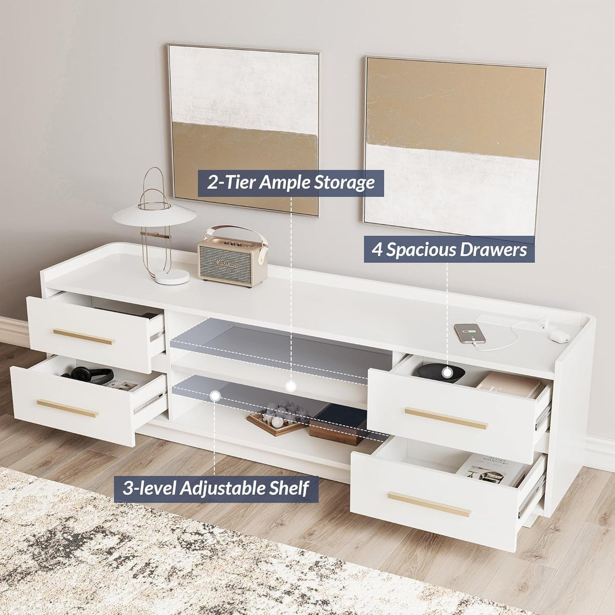 66 Inch TV Stand With Led Lighting For Living Room Storage