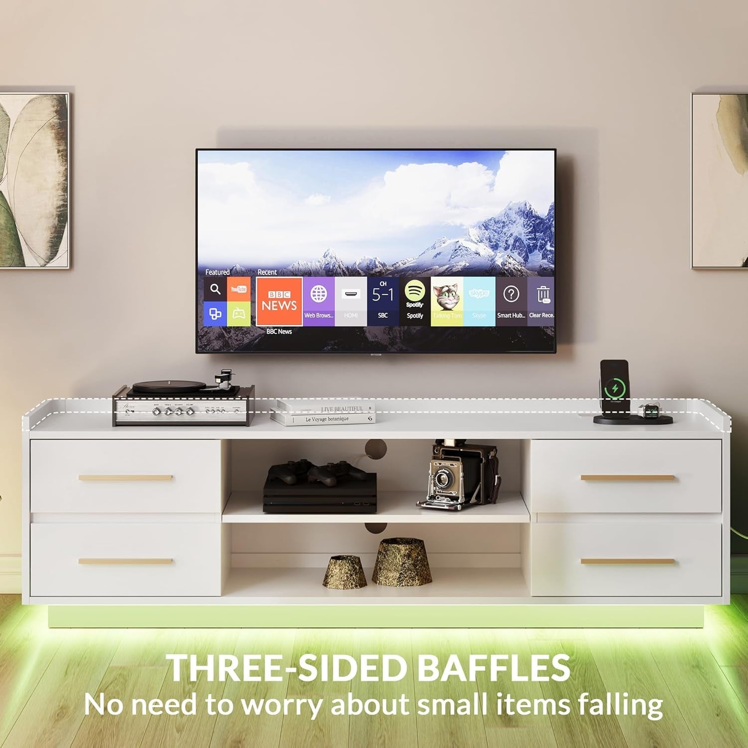 66 Inch TV Stand With Led Lighting For Living Room Storage