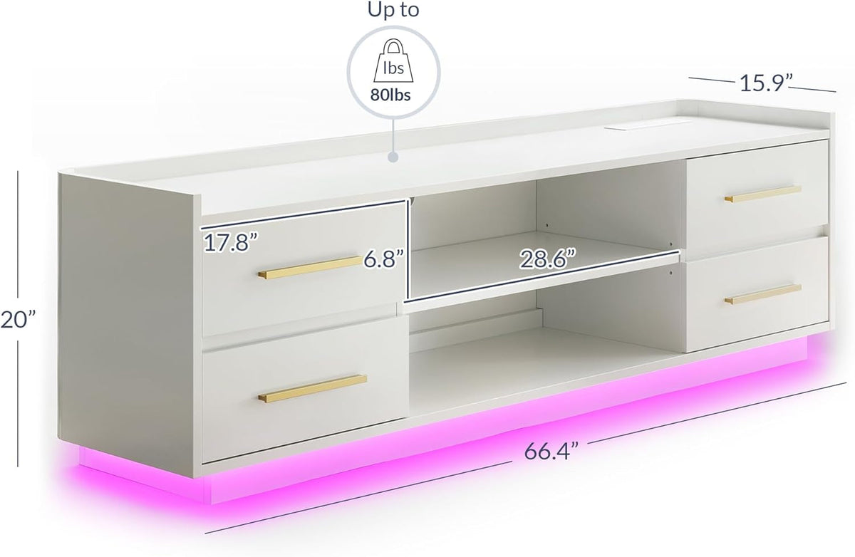 66 Inch TV Stand With Led Lighting For Living Room Storage