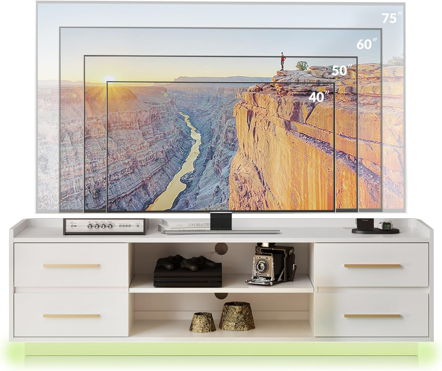 66 Inch TV Stand With Led Lighting For Living Room Storage