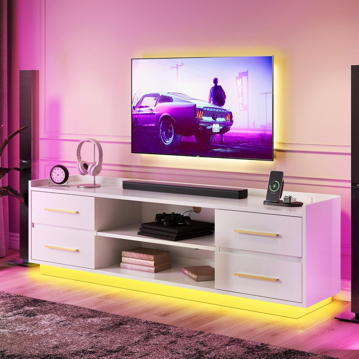 66 Inch TV Stand With Led Lighting For Living Room Storage