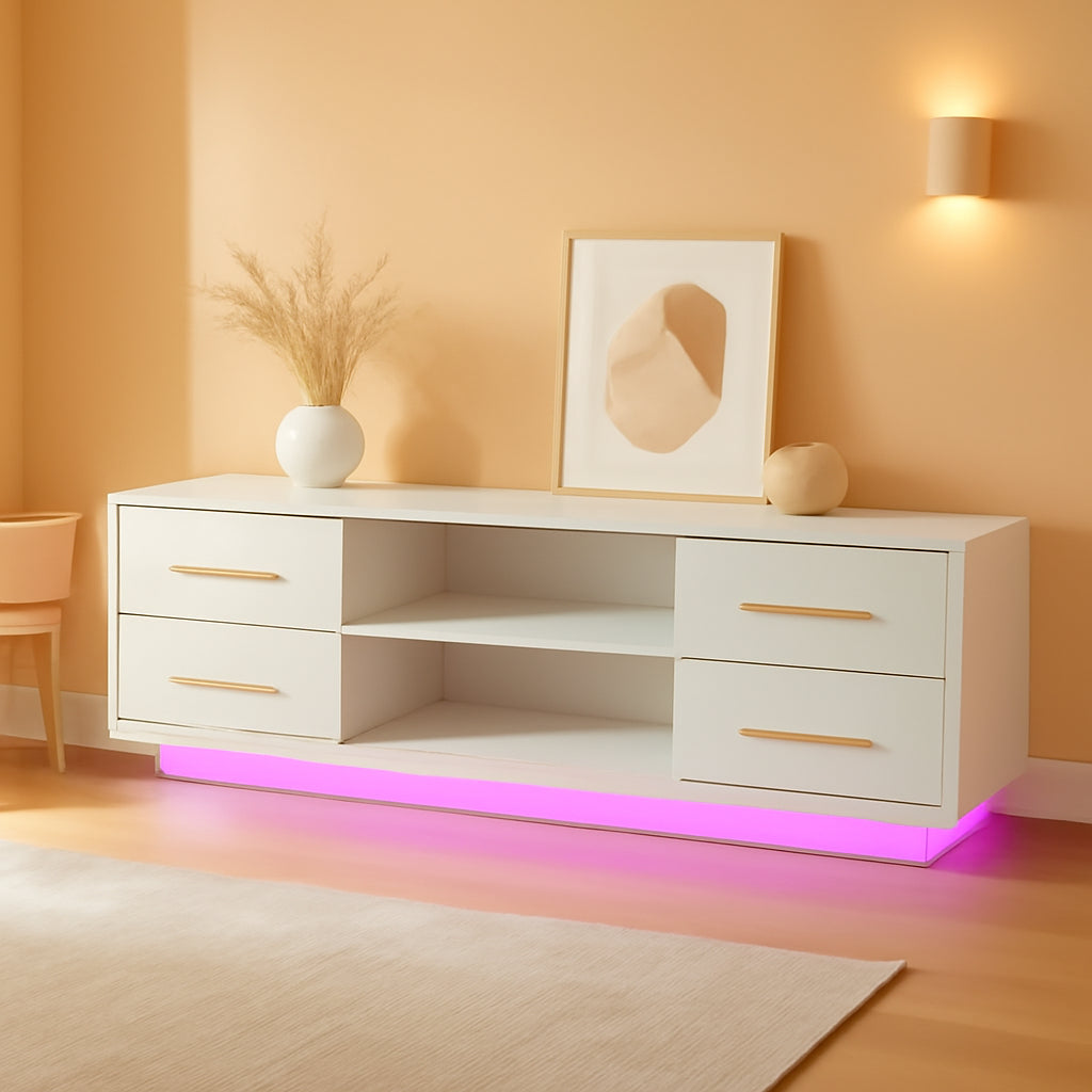 66 Inch TV Stand With Led Lighting For Living Room Storage