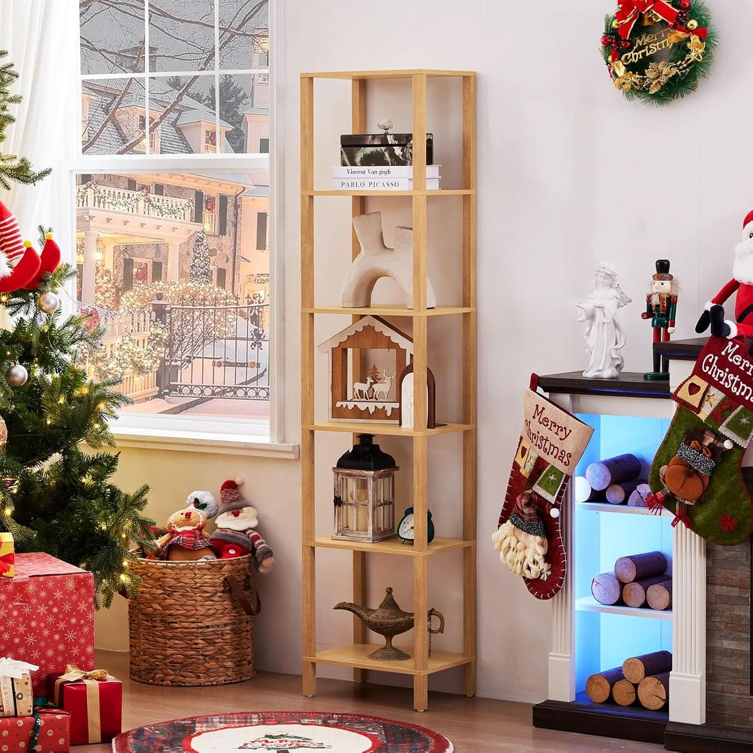 66In Tall 6 Tier Narrow Wood Bookcase Slim Shelf Living Room
