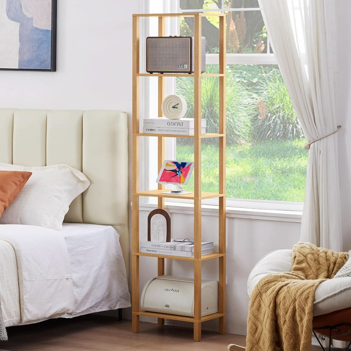 66In Tall 6 Tier Narrow Wood Bookcase Slim Shelf Living Room