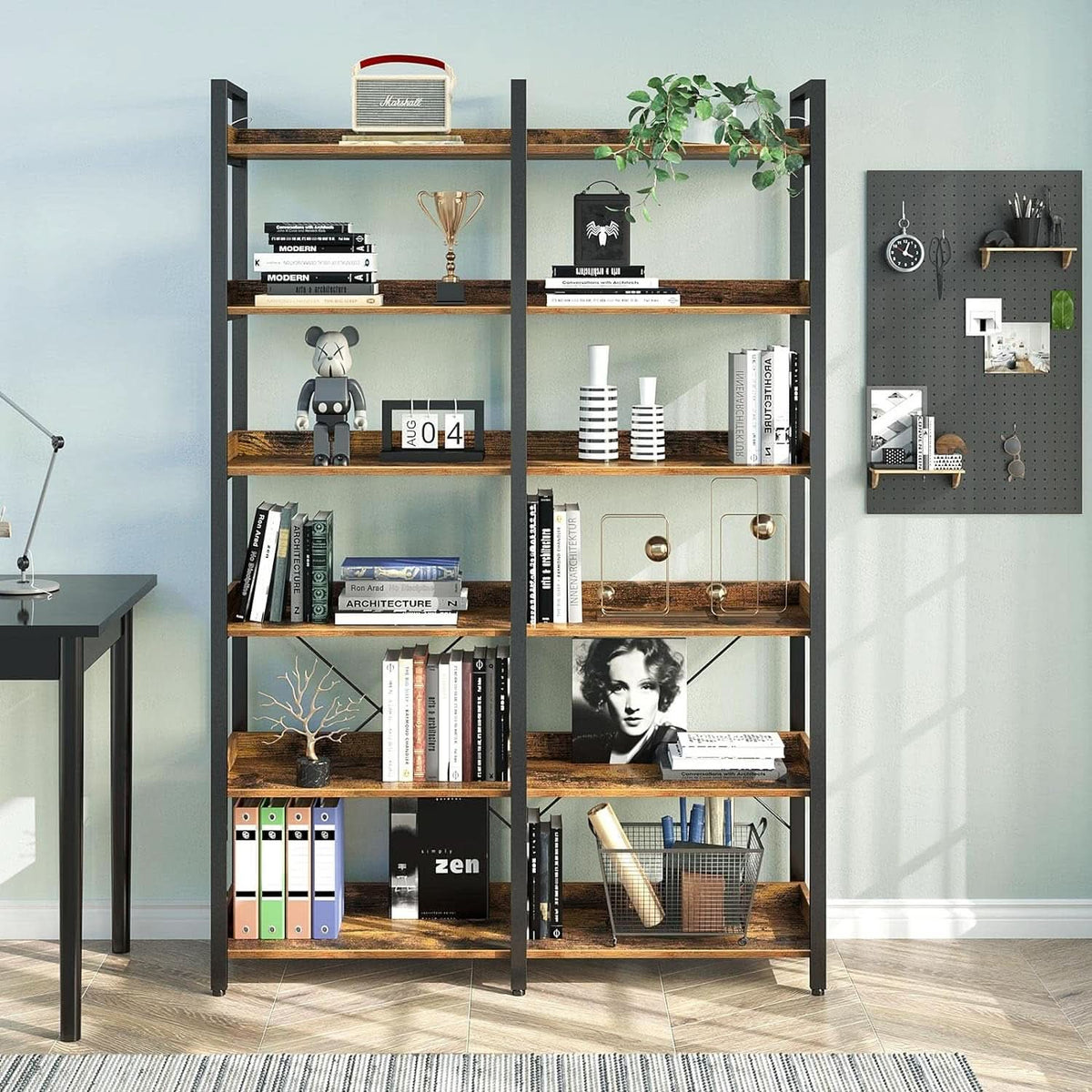 67 Inch 6 Tier Bookshelf Industrial Wooden Rustic Brown With 4 Hooks