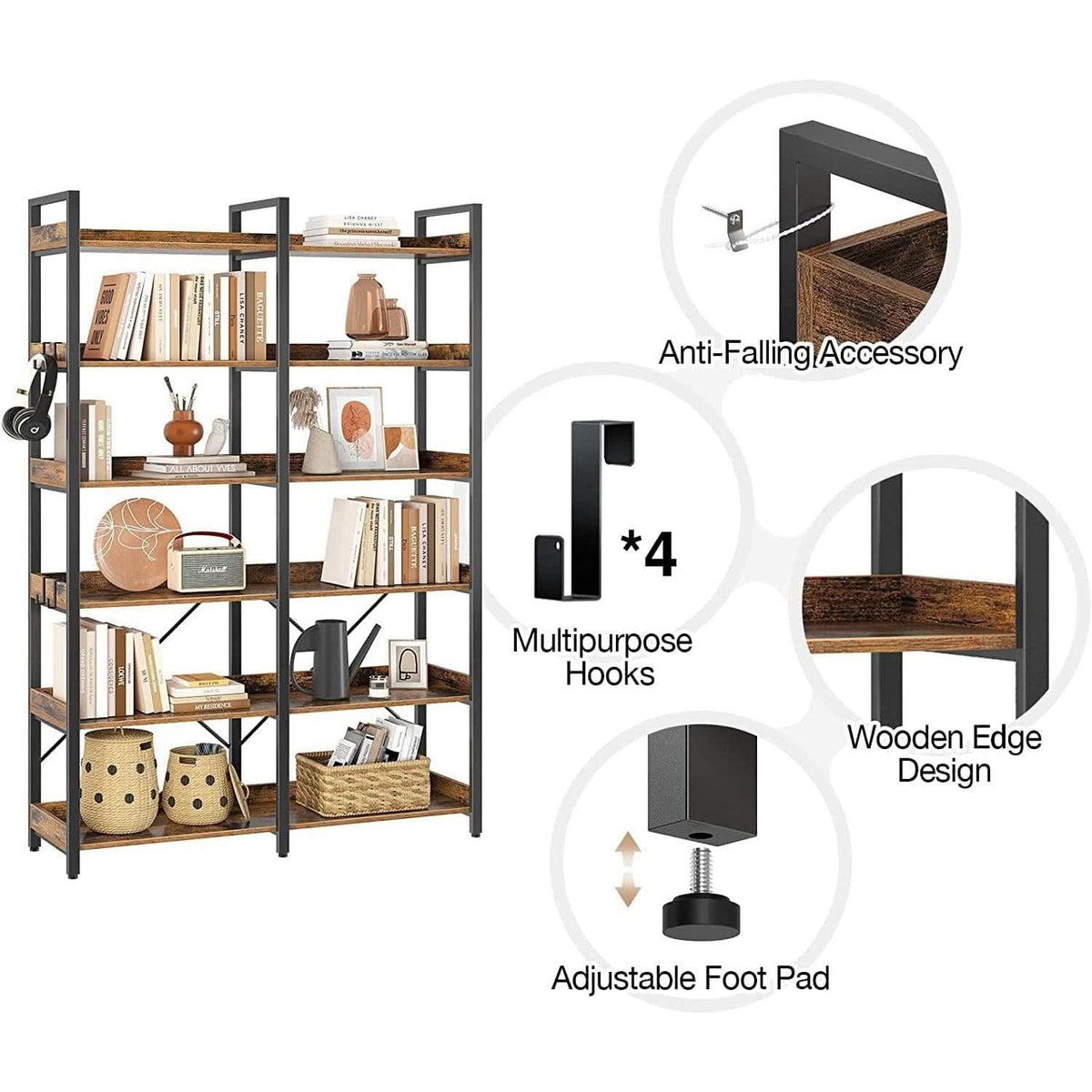 67 Inch 6 Tier Bookshelf Industrial Wooden Rustic Brown With 4 Hooks
