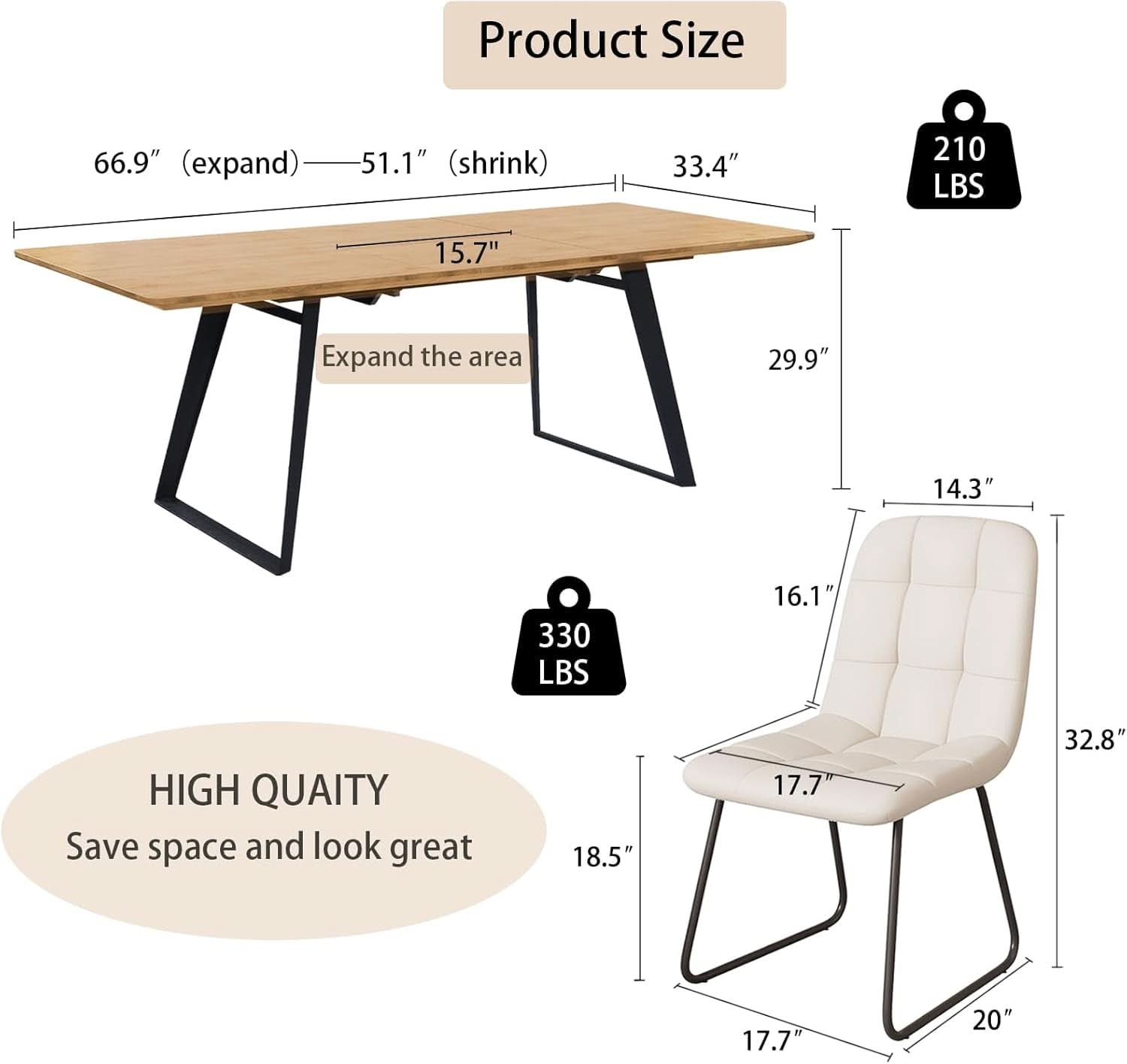 67 Inch Expandable Dining Table Set With Six Chairs