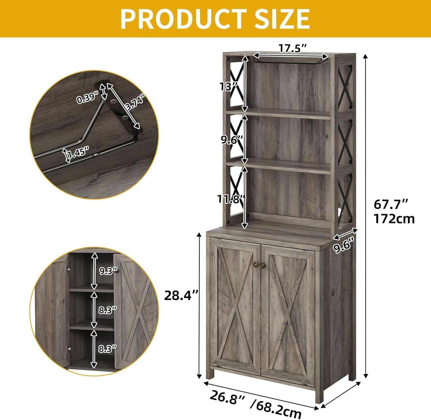 67 Inch Farmhouse Grey Wine Bar Cabinet For Liquor And Glasses