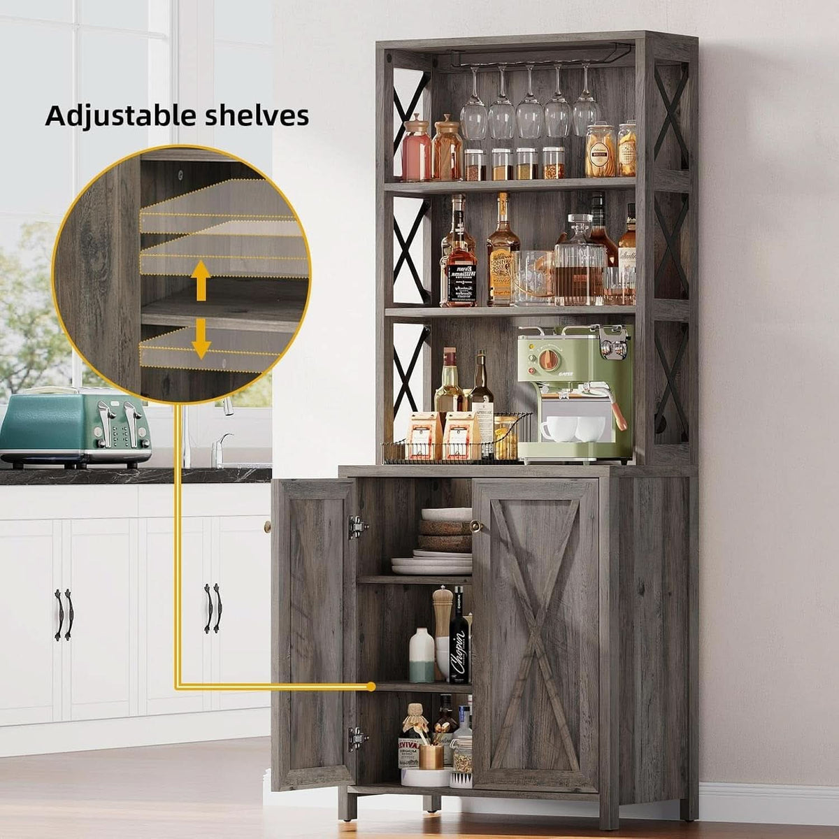 67 Inch Farmhouse Grey Wine Bar Cabinet For Liquor And Glasses