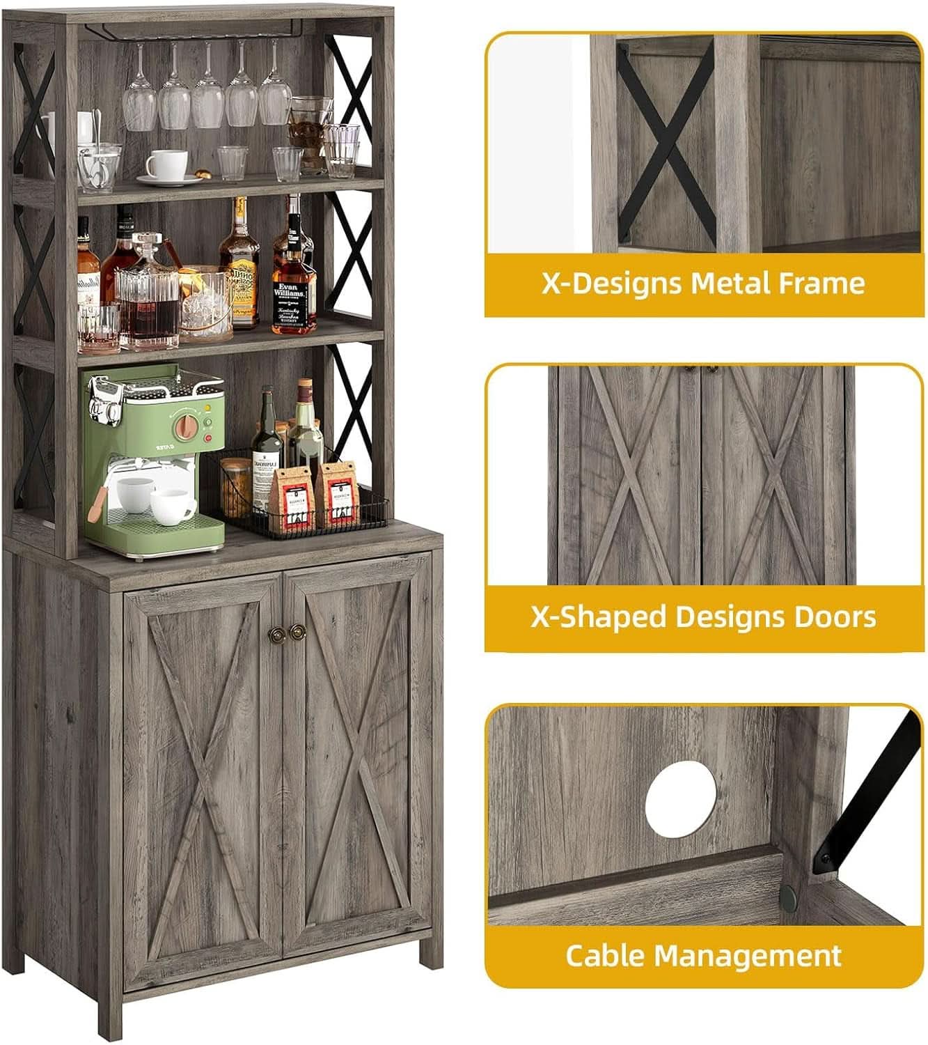 67 Inch Farmhouse Grey Wine Bar Cabinet For Liquor And Glasses
