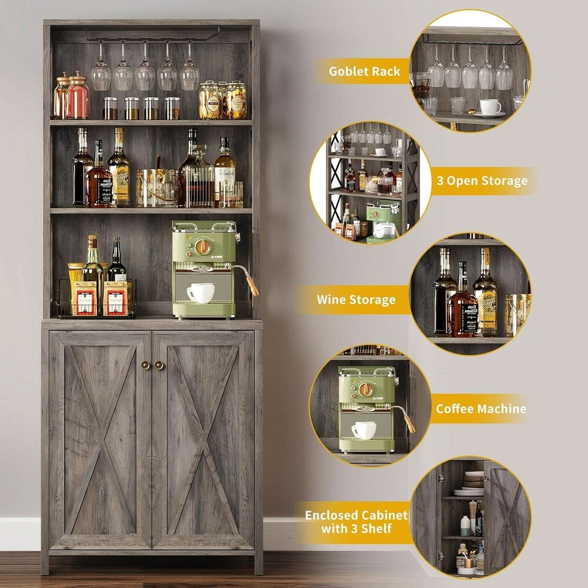 67 Inch Farmhouse Grey Wine Bar Cabinet For Liquor And Glasses