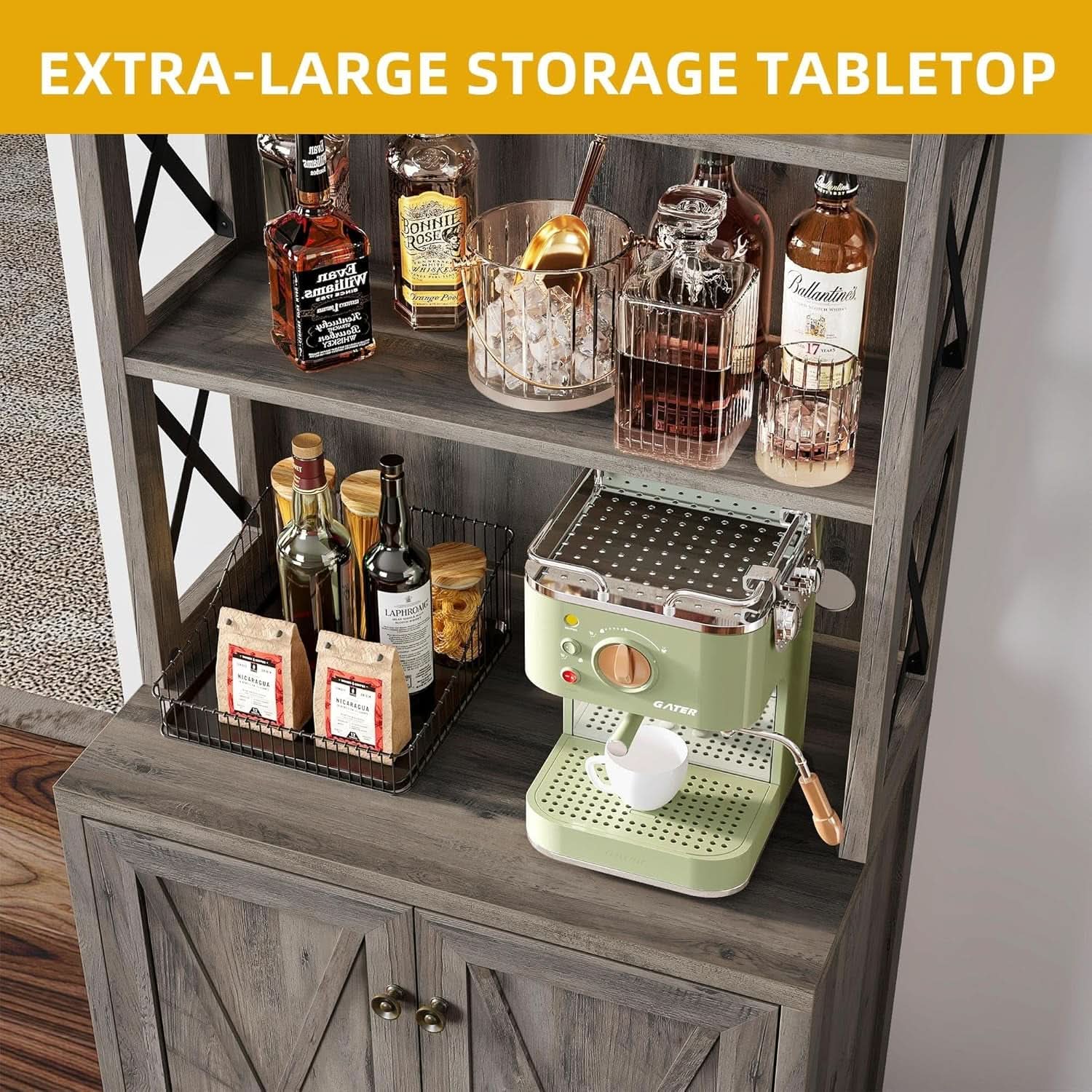 67 Inch Farmhouse Grey Wine Bar Cabinet For Liquor And Glasses