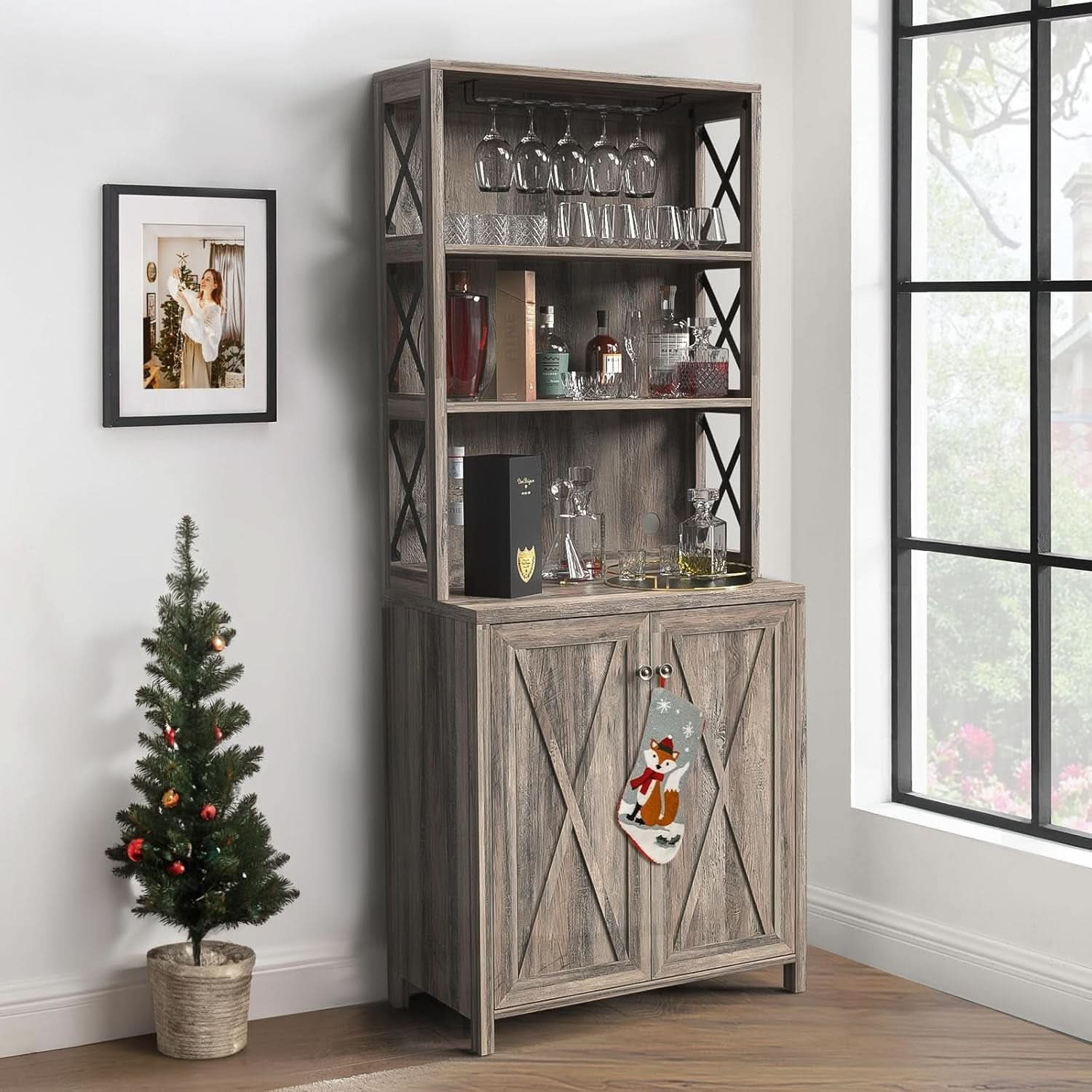 67 Inch Farmhouse Grey Wine Bar Cabinet For Liquor And Glasses