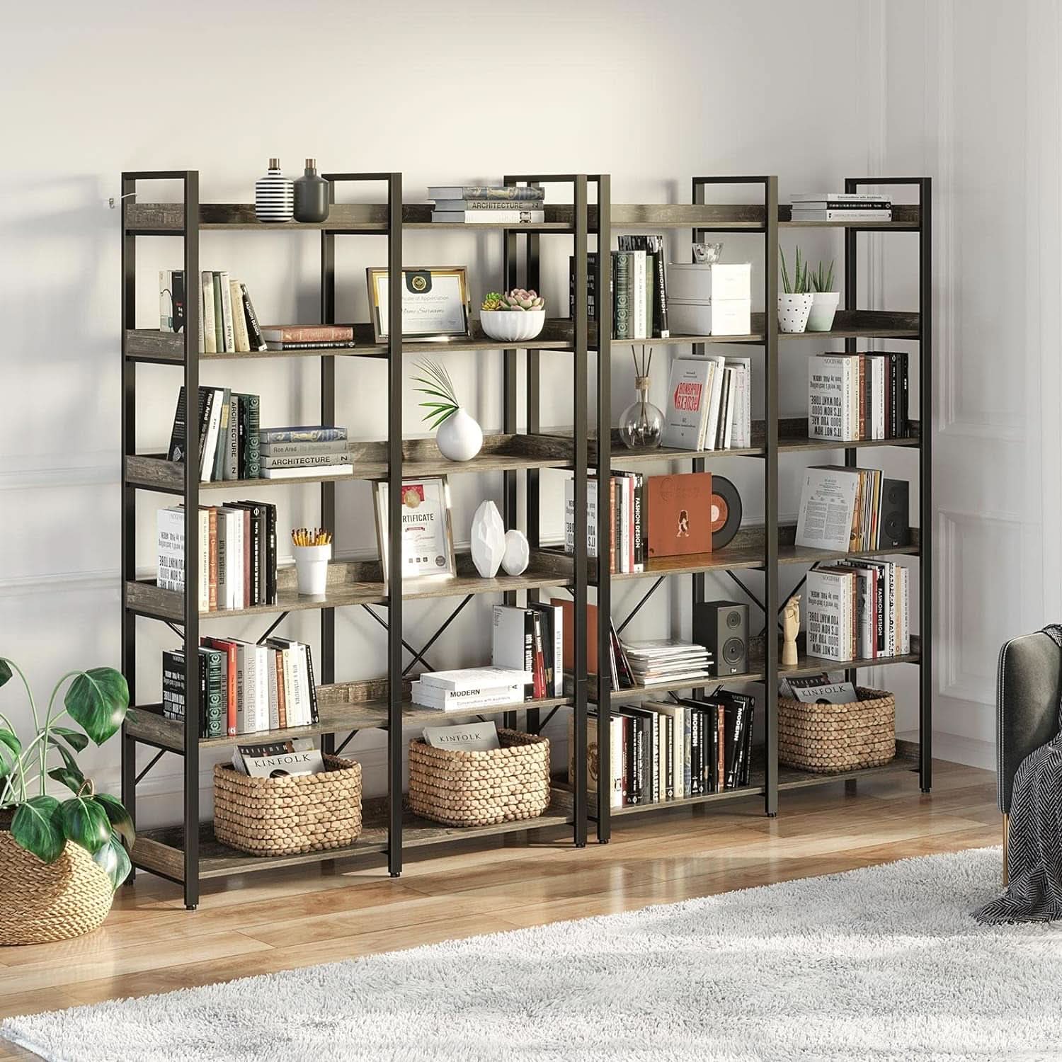 67 Inch Gray Industrial 6 Shelf Bookcase With Hooks