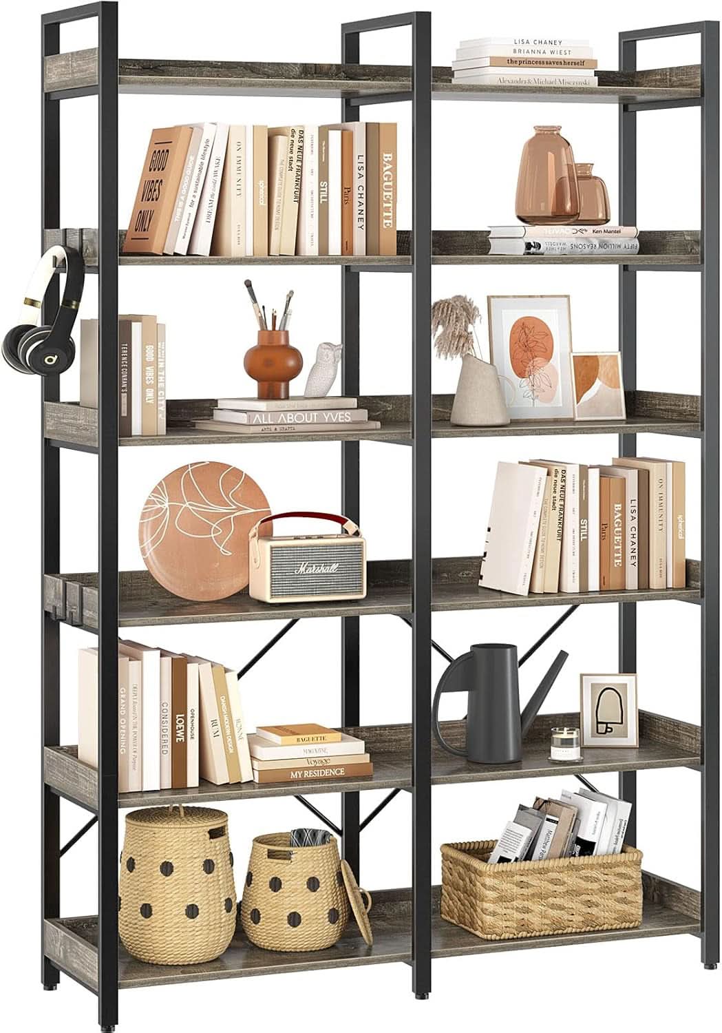 67 Inch Gray Industrial 6 Shelf Bookcase With Hooks