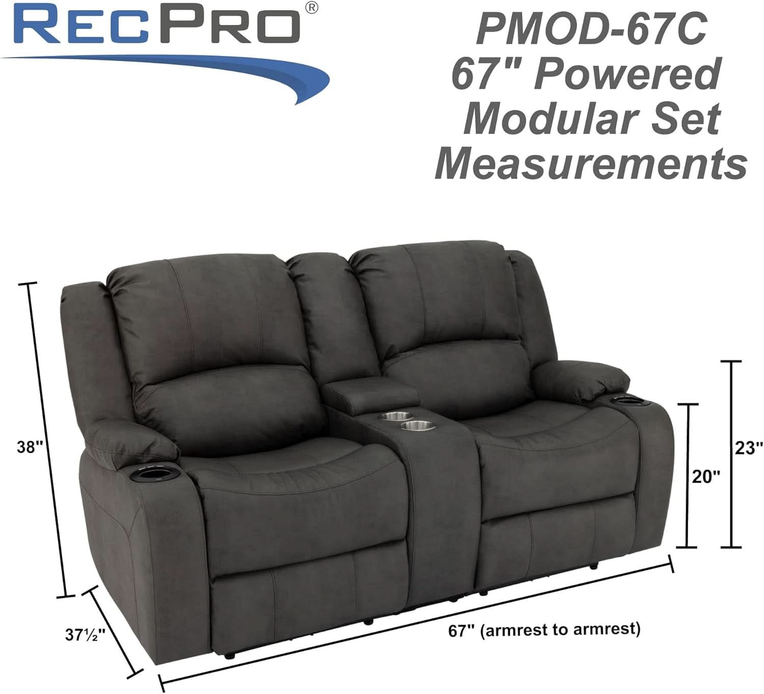 67 Inch Powered Wall Hugger Recliner Sofa Gunmetal Fabric